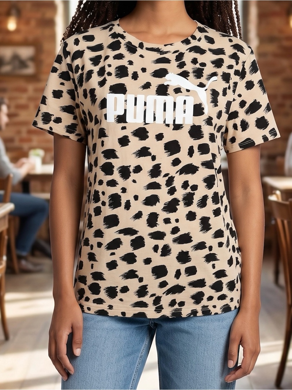 PUMA Women’s Animal Cheetah Print Graphic Tee in Beige & Black, Medium
